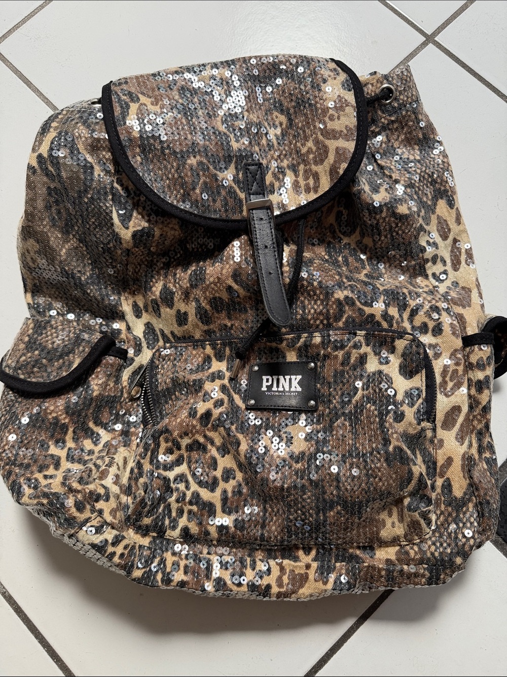 PINK Victoria's Secret Leopard Sequin Backpack - Brown & Black